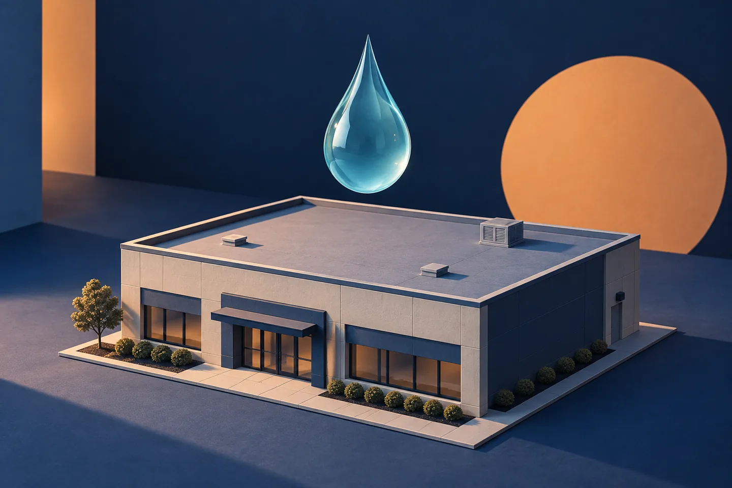 Sculptural illustration of a raindrop above a small commercial building